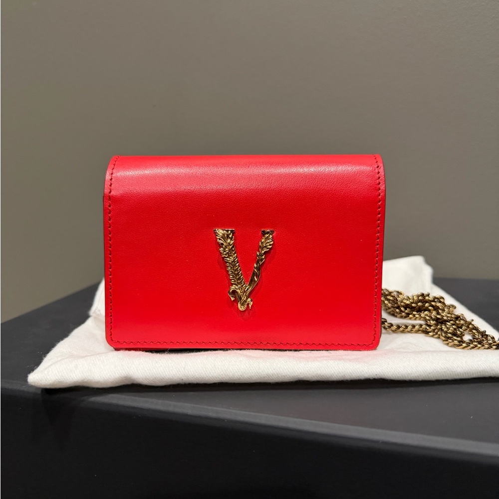 Versace Mini Virtus Calfskin Leather Crossbody Wallet/CC Holder on a Chain.